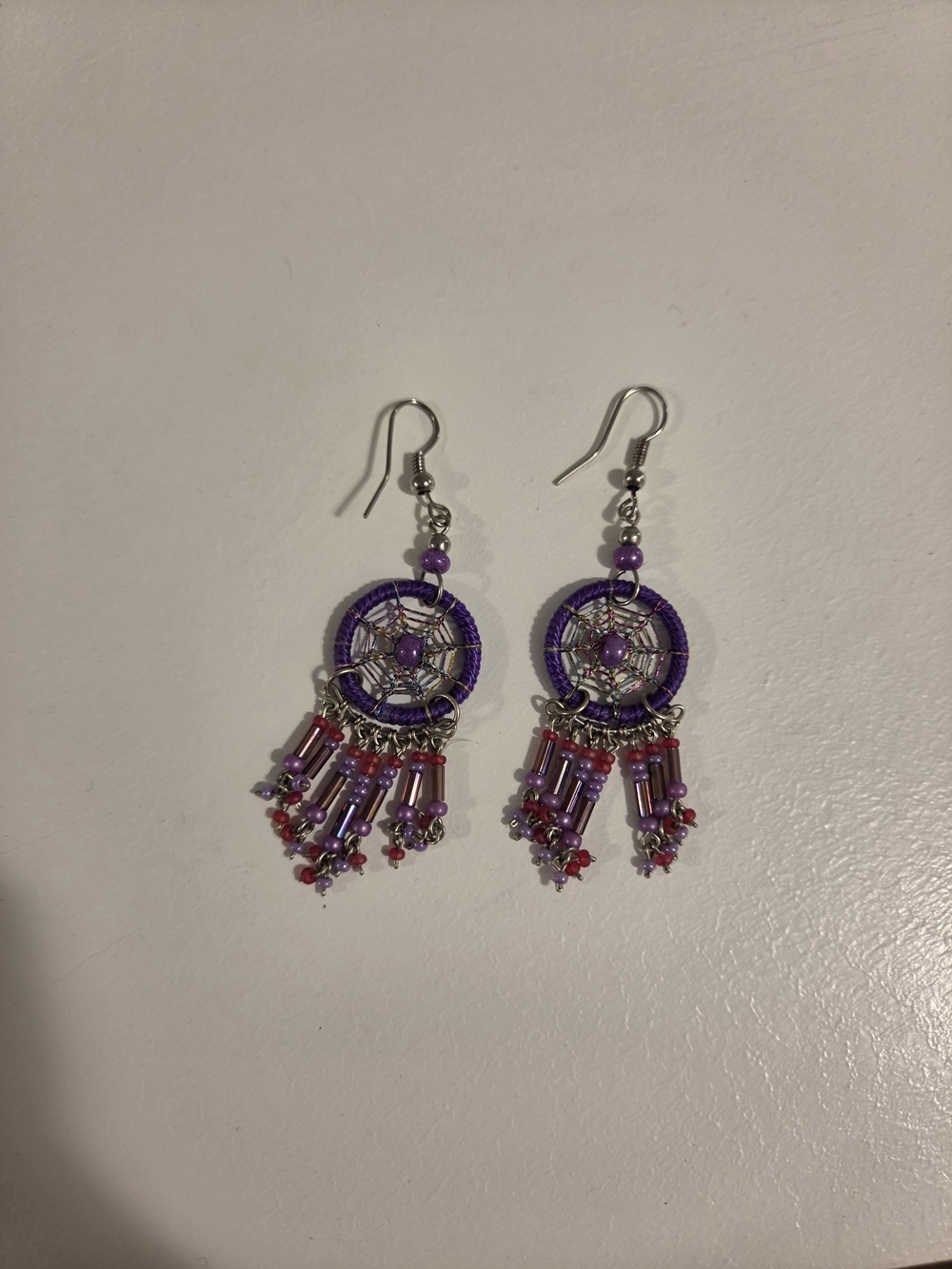 Purple Dreamcatcher Bead Fringe Earrings - Unbranded